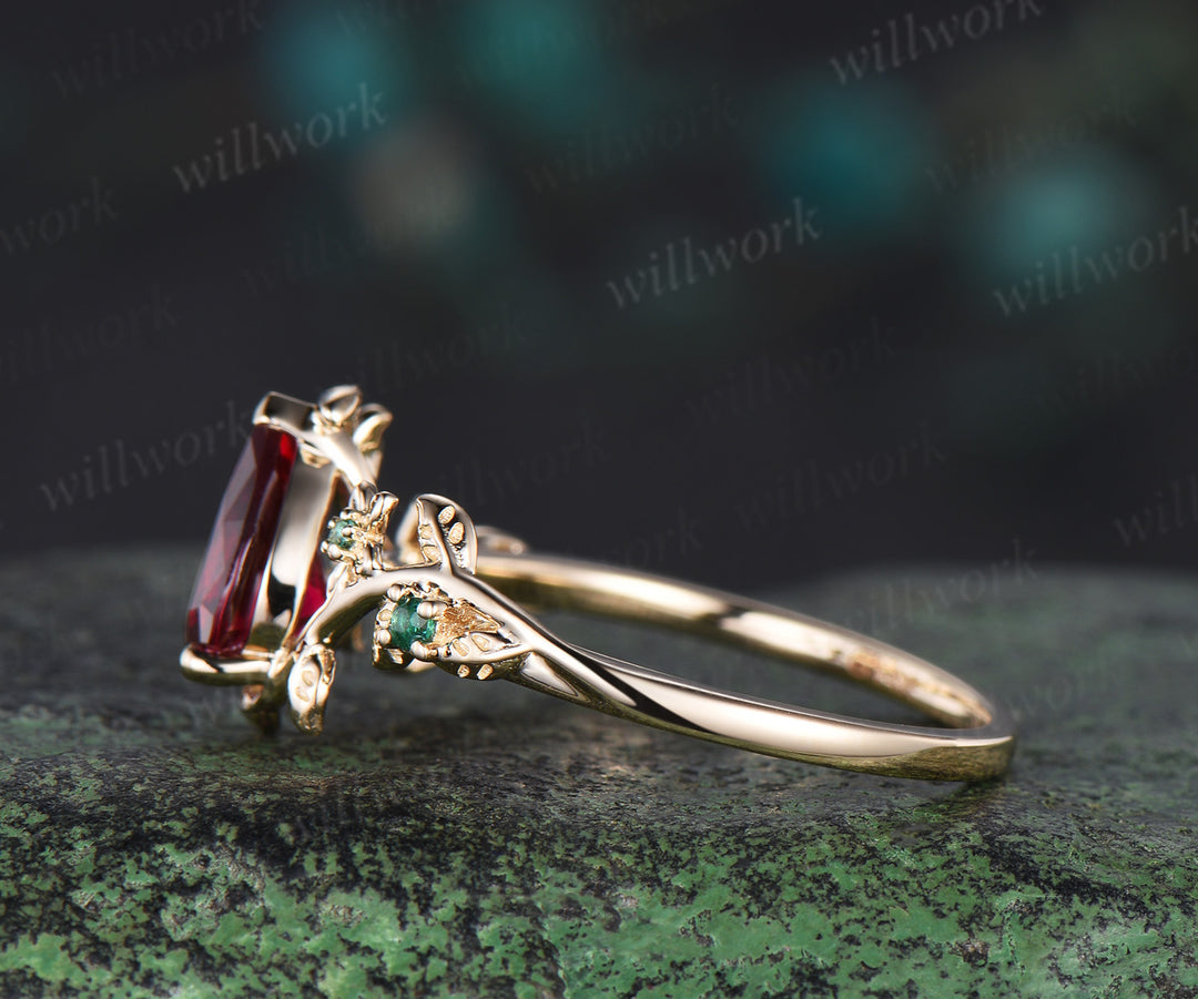 Vintage pear red ruby engagement ring five stone solid 14k yellow gold nature inspired leaf floral emerald wedding ring women gift