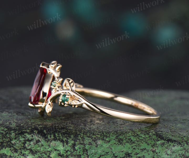 Vintage pear red ruby engagement ring five stone solid 14k yellow gold nature inspired leaf floral emerald wedding ring women gift