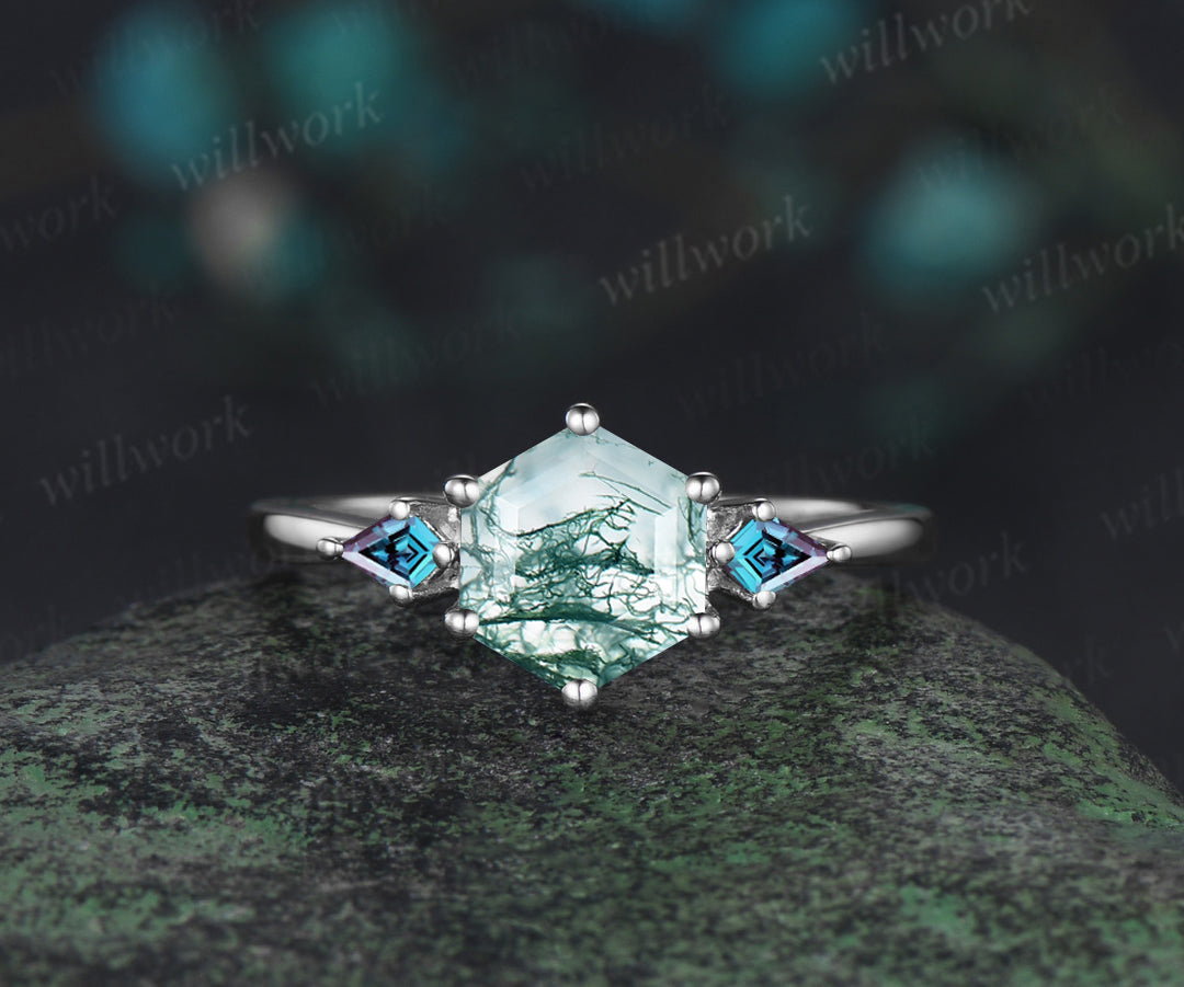 READY TO SHIP: Hexagon Cut Moss Agate Engagement Ring - Sterling Silver - Ring Size:6.25 US