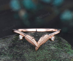 Curved leaf diamond wedding band solid 14k rose gold two stone nature inspired matching stacking bridal wedding ring women