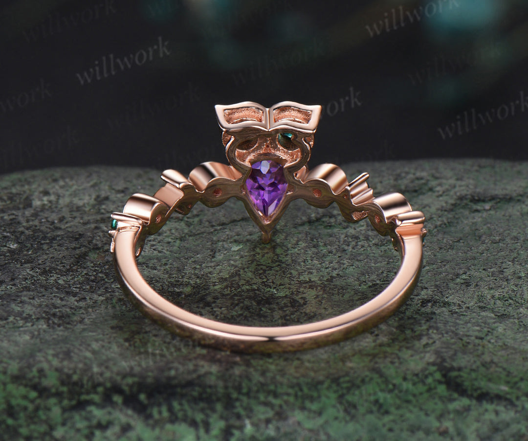 Vintage pear cut amethyst Engagement Ring rose gold Owl emerald ring women Crystal unique wedding anniversary ring gift