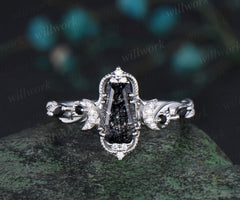 Coffin cut black rutilated quartz engagement ring white gold antique leaf twisted moon diamond wedding anniversary ring women gift