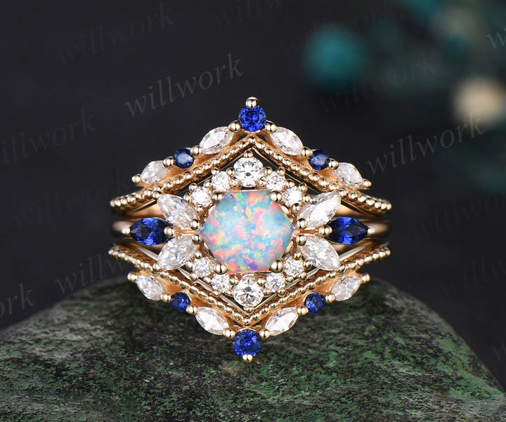 Hexagon white opal engagement ring set 14k yellow gold halo moissanite sapphire wedding ring set