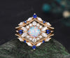 Hexagon white opal engagement ring set 14k yellow gold halo moissanite sapphire wedding ring set