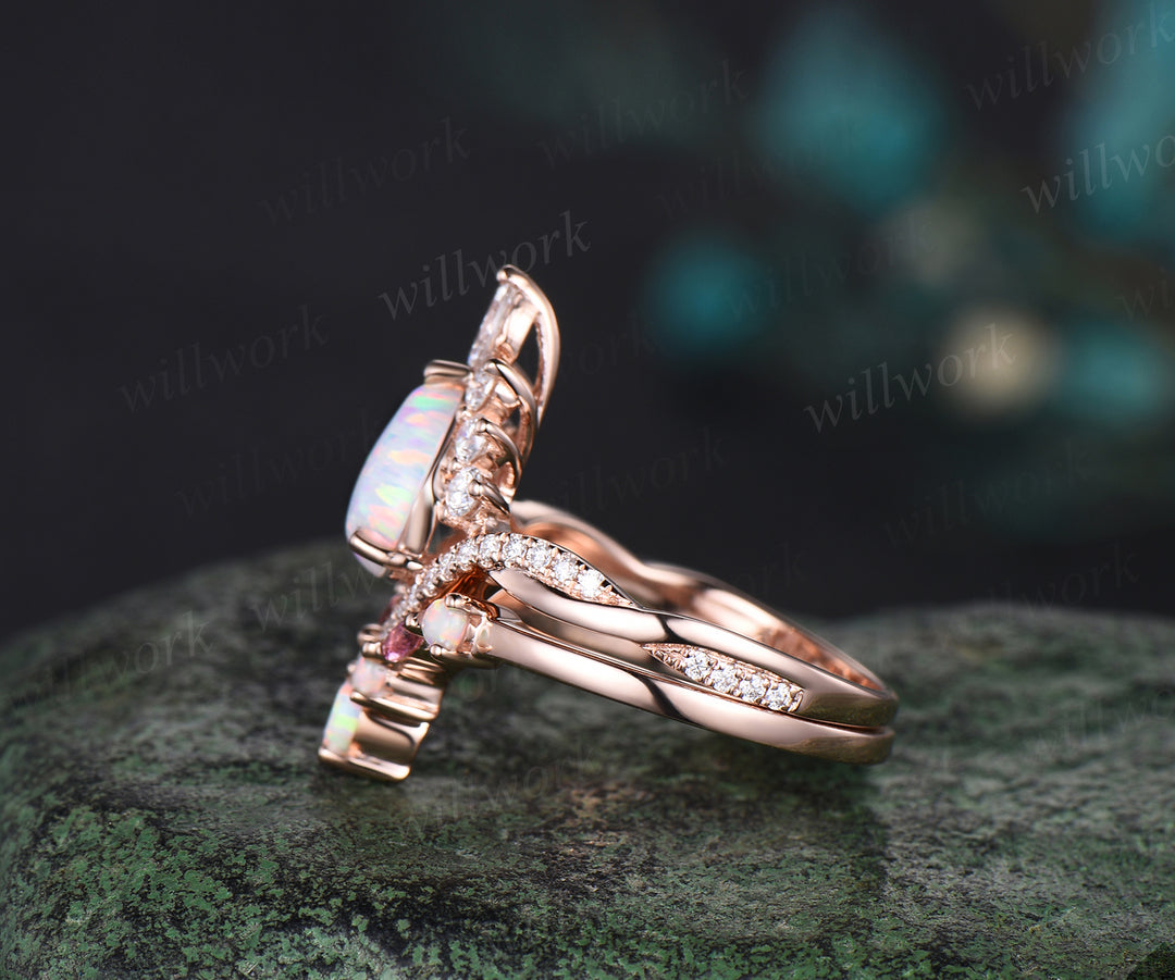 Pear shaped white opal engagement ring set halo moissanite Pink tourmaline infinity bridal set women