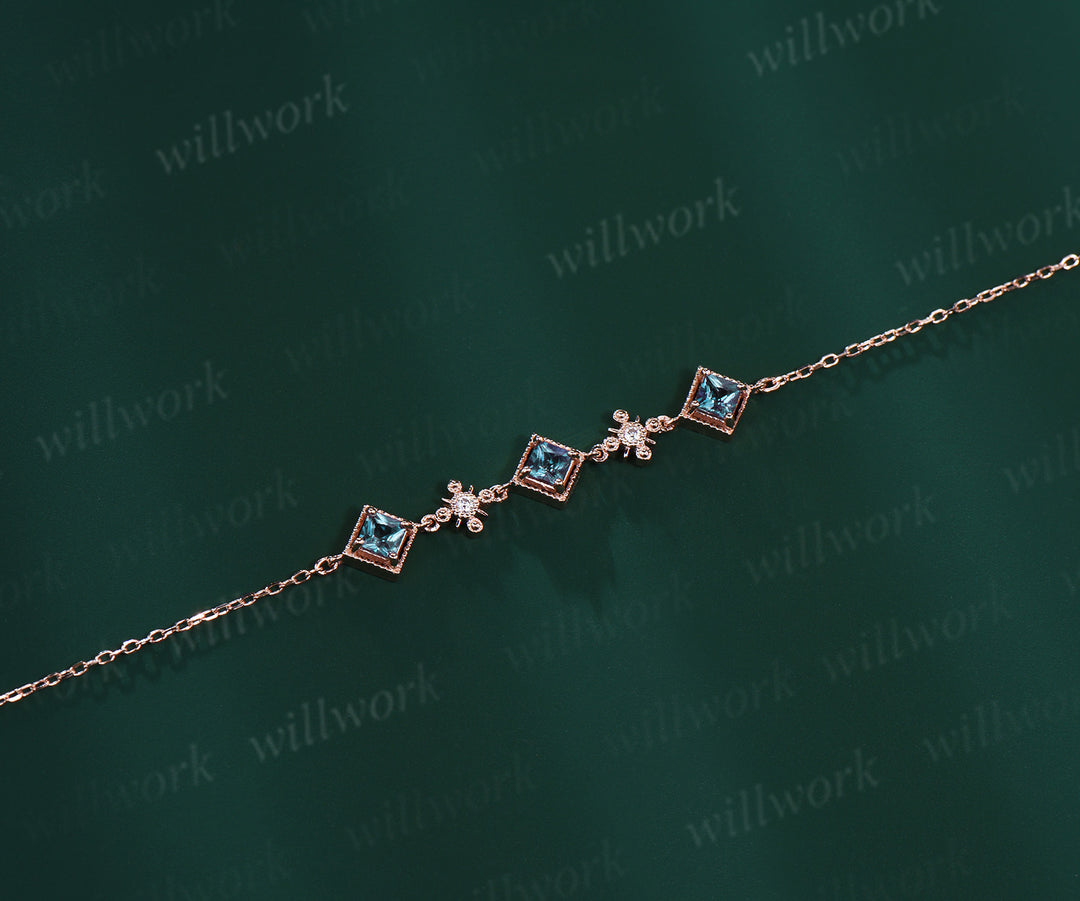 Milgrain Princess Cut Alexandrite Bracelet Vintage 14k Yellow Gold Five Stone Bracelet June Birthstone Color Change Stone Bridal Bracelet