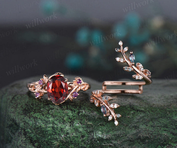 Vintage oval garnet engagement ring nature inspired leaf amethyst ring wedding band enhancer twisted bridal ring set women