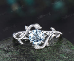 Vintage round cut Aquamarine Engagement Ring 14k White Gold leaf Double Snake diamond ring women nature inspired promise ring her gift