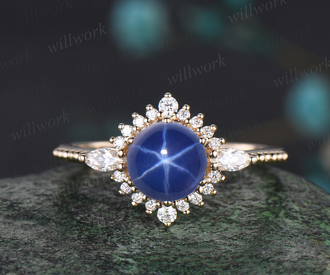 Vintage Round Cut Blue Star Sapphire Engagement Ring Set September Birthstone Moissanite Halo Wedding Ring Antique 14k Yellow Gold Blue Sapphire 3pcs Bridal Ring Set