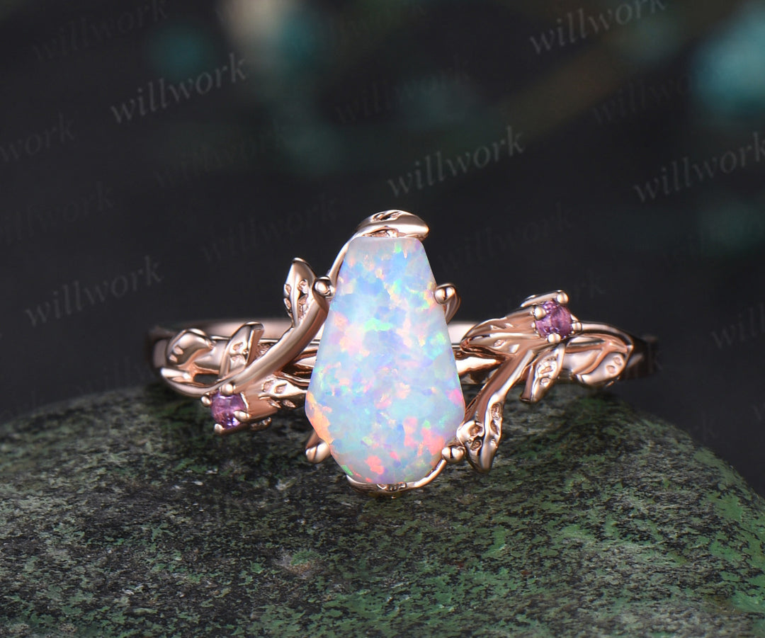 Vintage coffin white opal engagement ring rose gold leaf nature inspired amethyst ring women bridal anniversary ring set gift