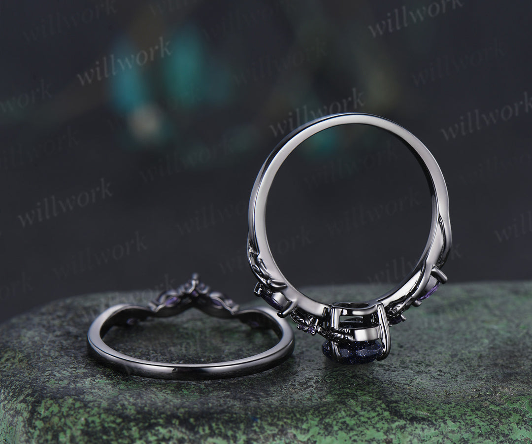 Nature inspired pear blue sandstone ring set 14k black gold unique twig vine teardrop galaxy gemstone ring amethyst band bridal set