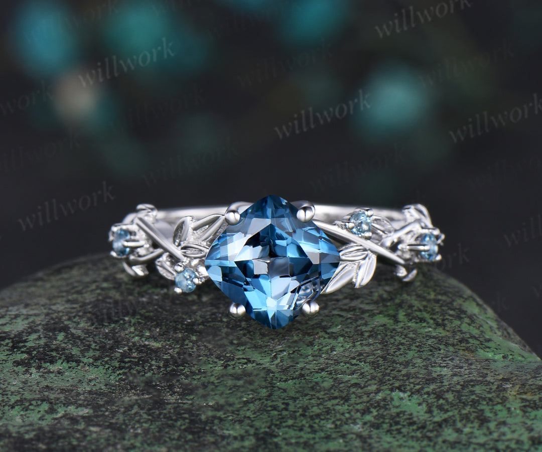 Twig cushion cut London blue topaz engagement ring 14k white gold leaf topaz ring December birthstone ring anniversary ring for women gift