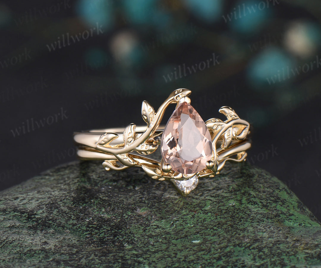 Pear shaped morganite Engagement Ring Solitaire leaf nature inspired solid 14k yellow gold wedding bridal ring set women jewelry