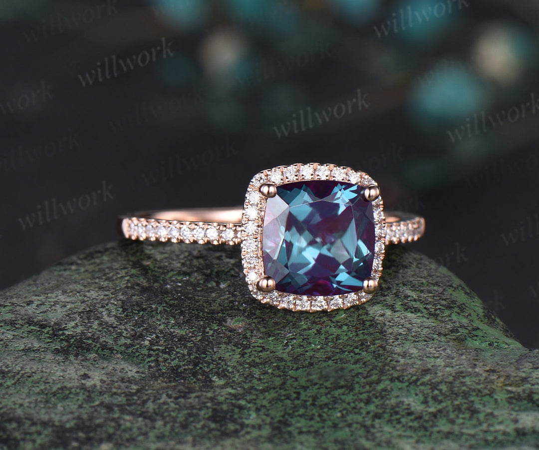 Cushion cut Alexandrite engagement ring solid 14k rose gold half eternity halo diamond wedding promise ring women jewelry
