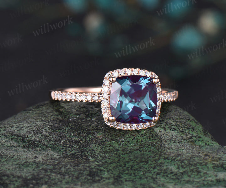 Cushion cut Alexandrite engagement ring solid 14k rose gold half eternity halo diamond wedding promise ring women jewelry