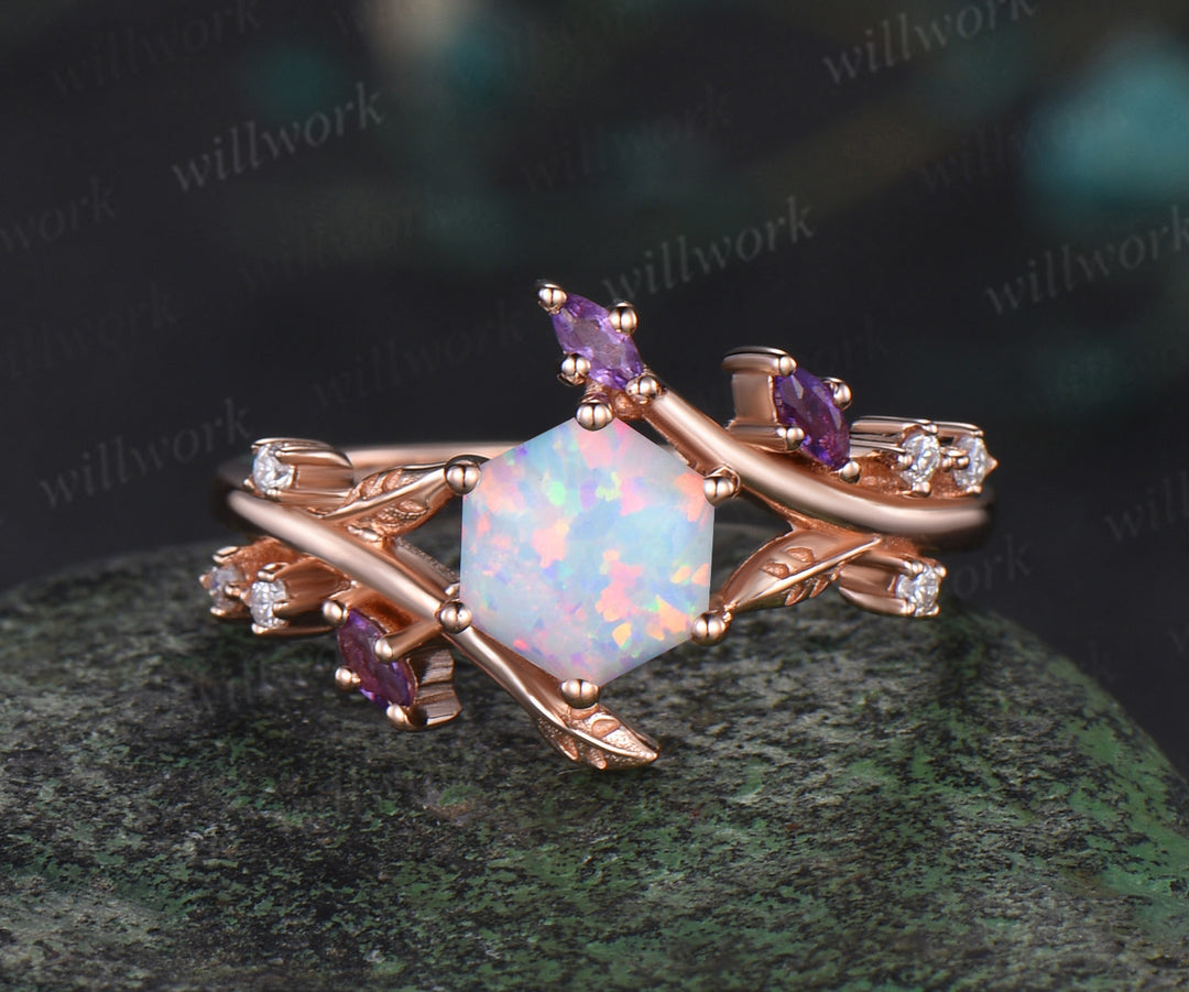 Hexagon white opal engagement ring rose gold twisted leaf amethyst moissanite bridal anniversary ring set women