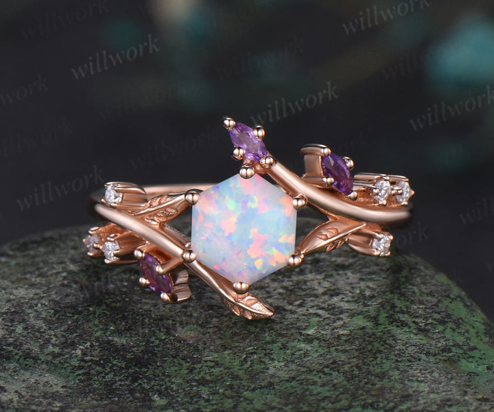 Hexagon white opal engagement ring rose gold twisted leaf amethyst moissanite bridal anniversary ring set women