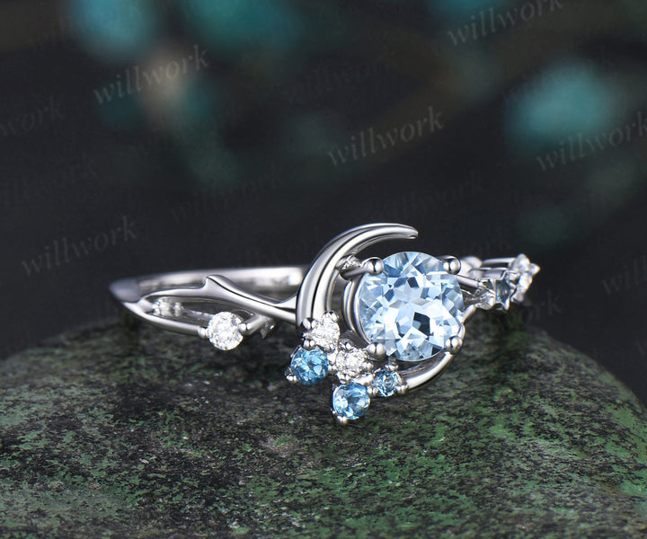 Round cut aquamarine engagement ring white gold moon vine twisted cluster diamond blue topaz wedding ring women