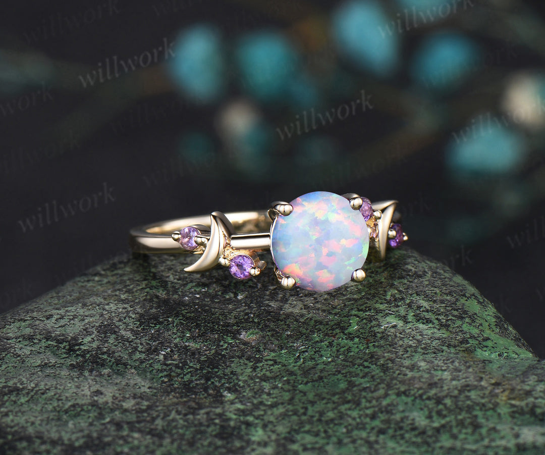 Round white opal engagement ring retro moon amethyst deco ring 14k yellow gold unique crescent promise ring October birthtone jewelry gifts