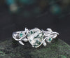 Heart cut green moss agate engagement ring women leaf floral emerald 14k white gold nature inspired promise wedding ring women gift