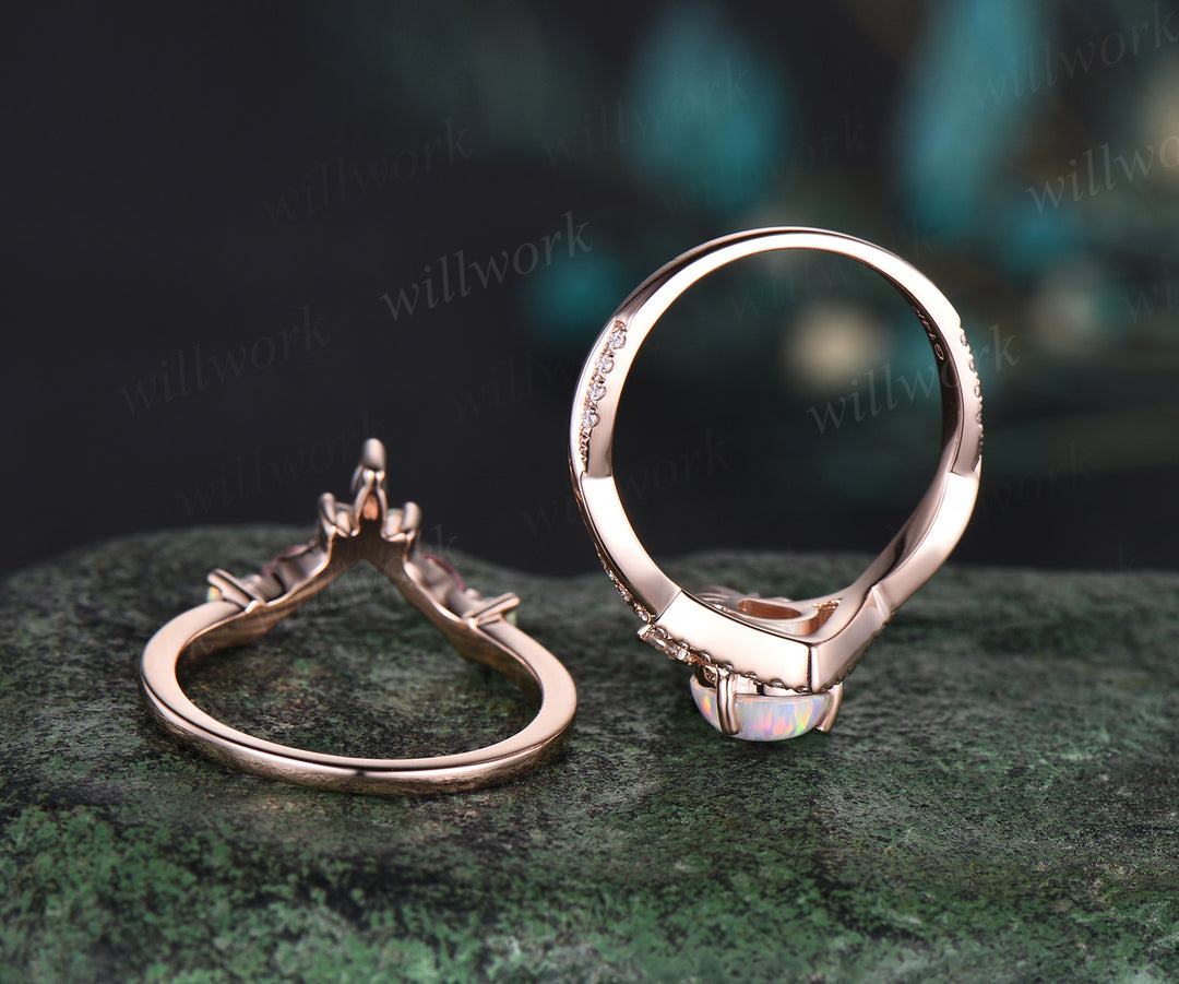 Pear shaped white opal engagement ring set halo moissanite Pink tourmaline infinity bridal set women