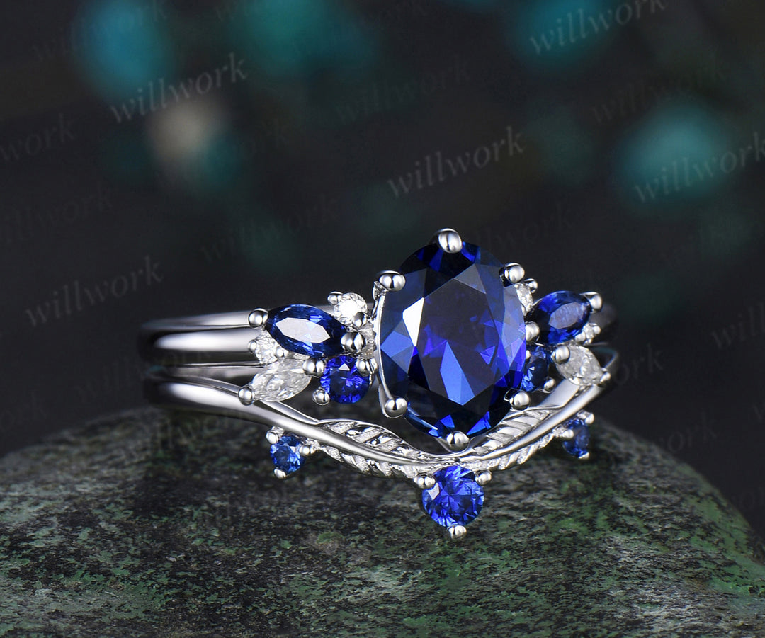 Oval cut blue sapphire engagement ring 6 prong white gold cluster snowdrift bridal anniversary ring set women jewelry