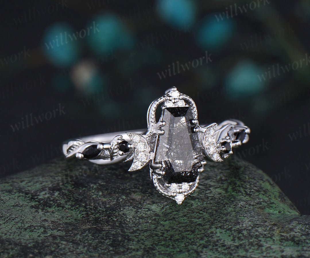 Coffin cut black rutilated quartz engagement ring white gold antique leaf twisted moon diamond wedding anniversary ring women gift