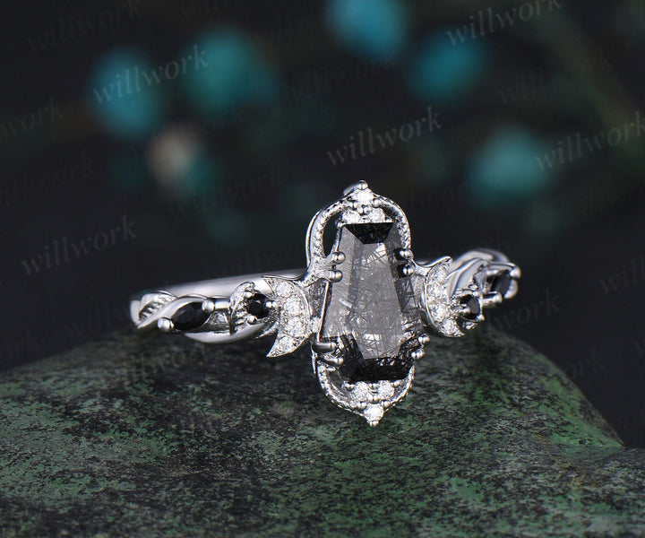 Coffin cut black rutilated quartz engagement ring white gold antique leaf twisted moon diamond wedding anniversary ring women gift