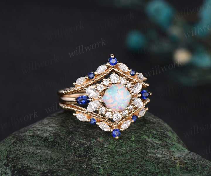 Hexagon white opal engagement ring set 14k yellow gold halo moissanite sapphire wedding ring set