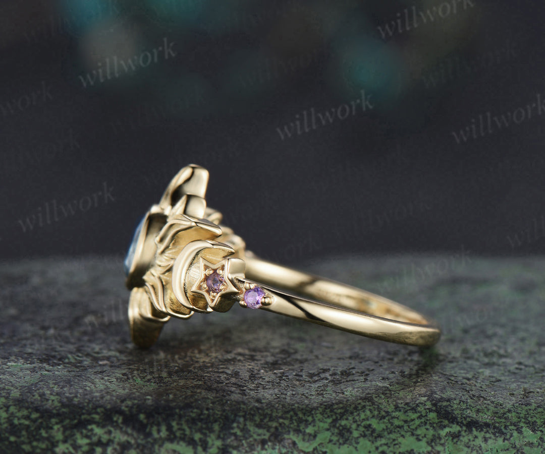 Bezel round cut London blue topaz engagement ring yellow gold moon star five stone amethyst wedding ring women