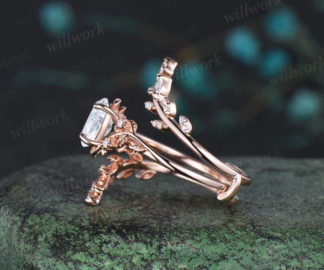 Vintage oval IGI lab grown diamond engagement ring nature inspired leaf branch ring wedding band enhancer twisted bridal ring set
