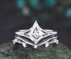 Kite cut moissanite promise ring set 14k white gold unique split shank engagement ring infinity wedding ring set women