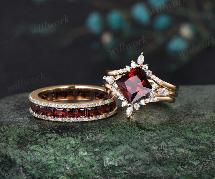 Princess cut garnet engagement ring set men garnet eternity band couple ring wedding set anniversary gifts