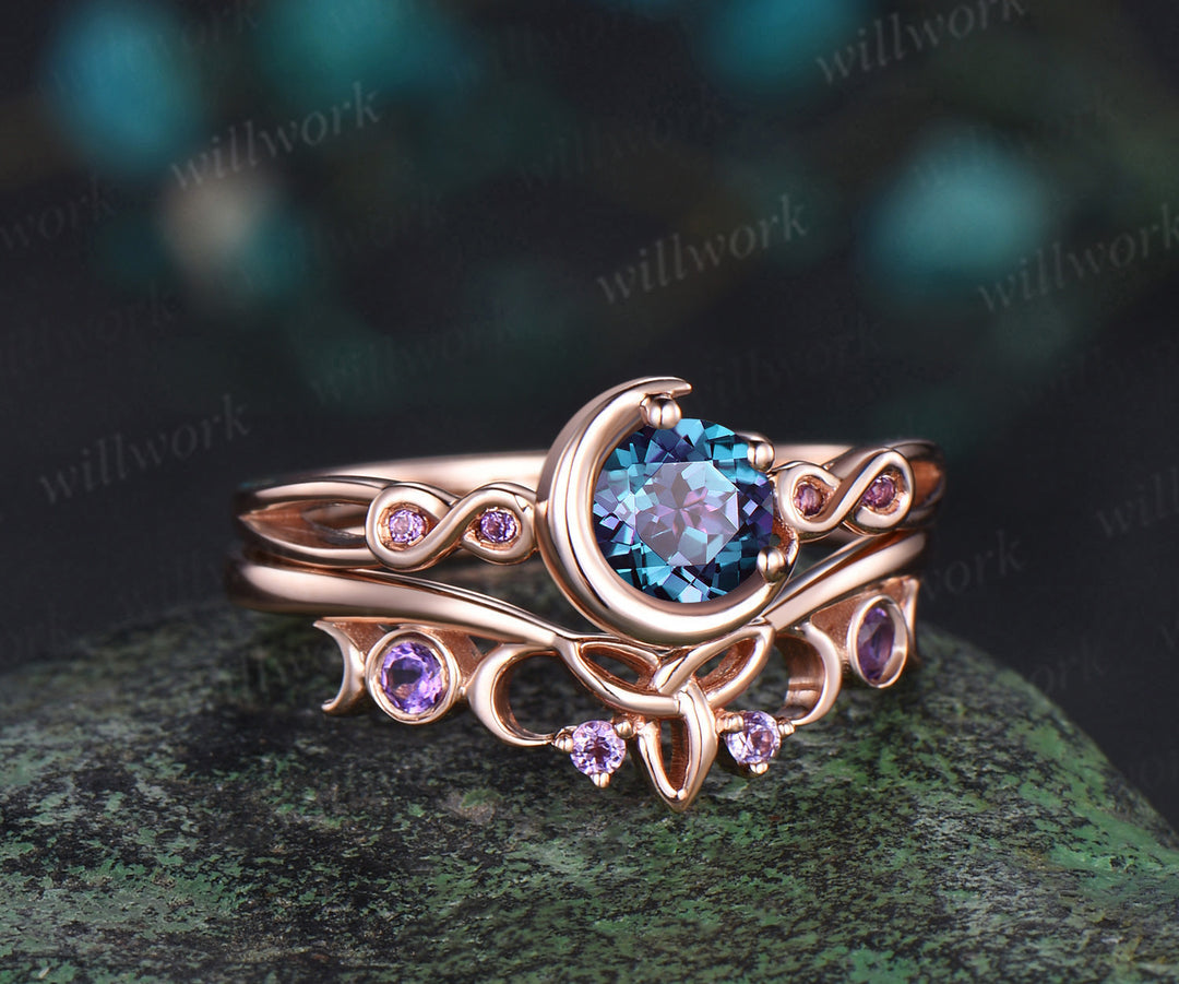 Round cut alexandrite engagement ring rose gold moon infinity five stone amethyst Celtic knot wedding ring set women