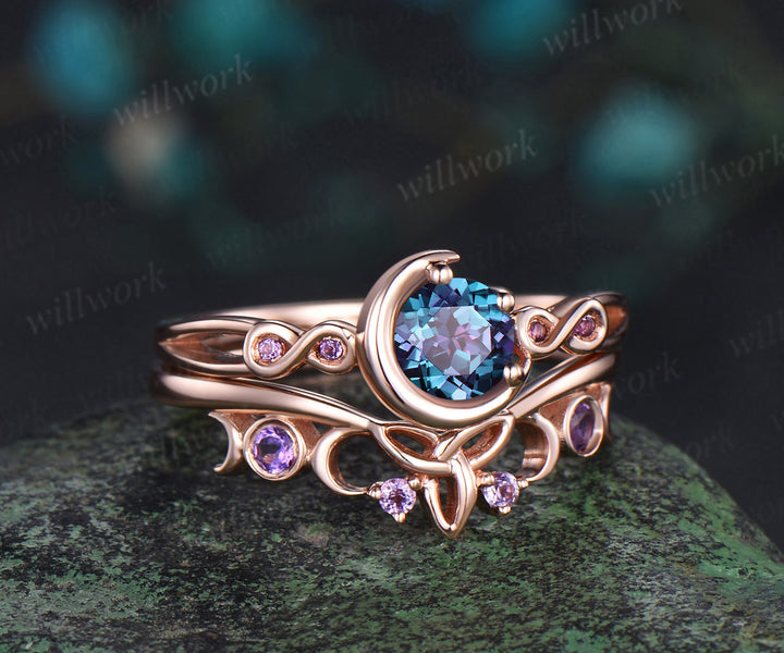 Round cut alexandrite engagement ring rose gold moon infinity five stone amethyst Celtic knot wedding ring set women