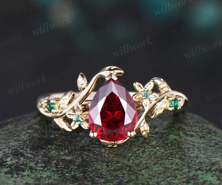 Vintage pear red ruby engagement ring five stone solid 14k yellow gold nature inspired leaf floral emerald wedding ring women gift