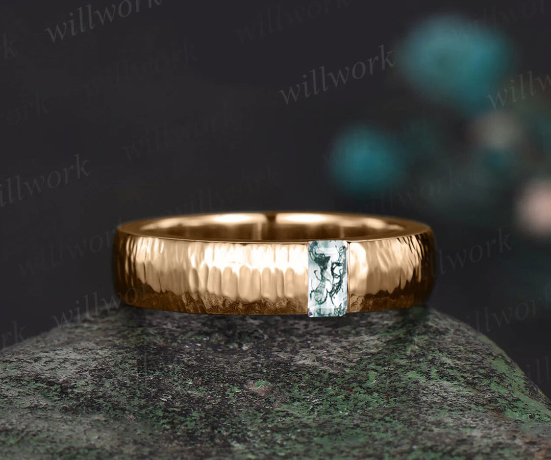 14k rose gold wedding band green moss agate men's ring gift for him anniversary gift