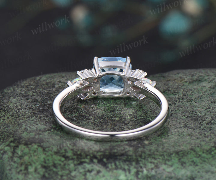 Cushion cut natural aquamarine engagement ring solid 14k white gold opal diamond ring unique March birthstone wedding promise ring women