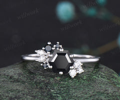 Art Deco Hexagon Cut Natural Black Onyx Engagement Ring Unique 14k White Gold Moissanite Cluster Wedding Ring