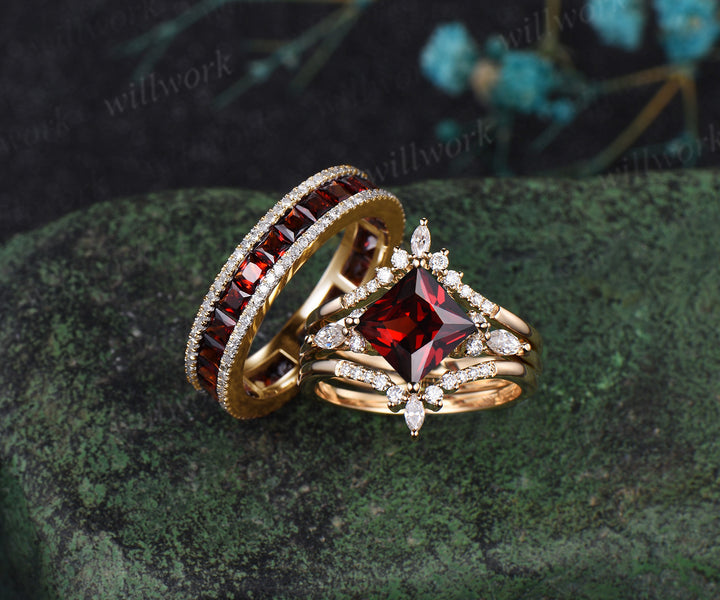Princess cut garnet engagement ring set men garnet eternity band couple ring wedding set anniversary gifts
