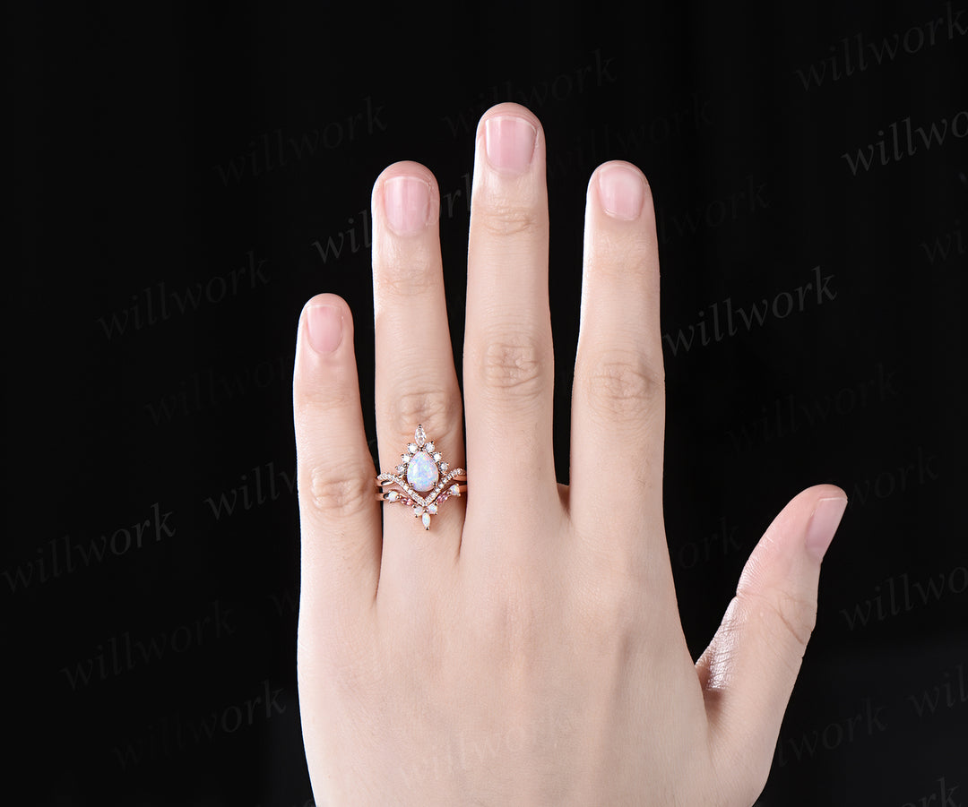 Pear shaped white opal engagement ring set halo moissanite Pink tourmaline infinity bridal set women
