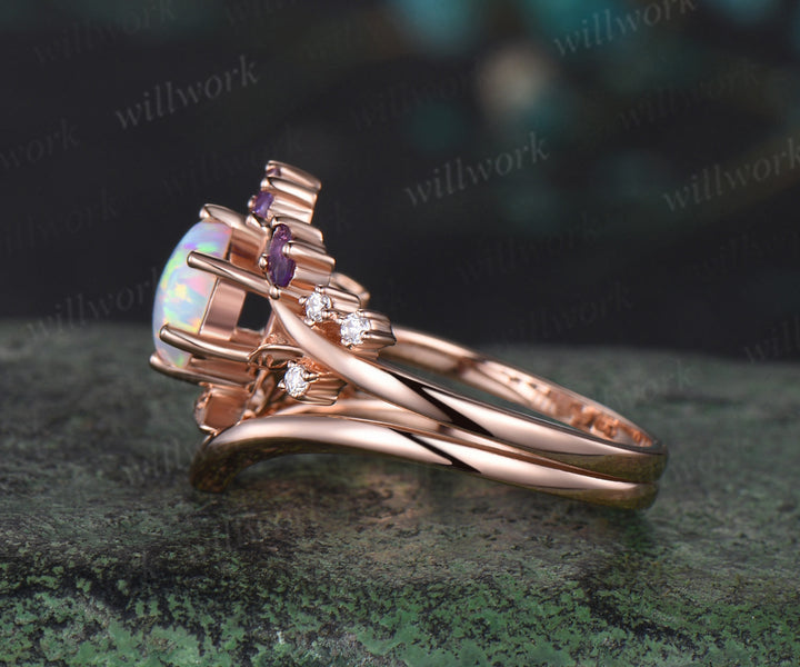 Hexagon white opal engagement ring rose gold twisted leaf amethyst moissanite bridal anniversary ring set women