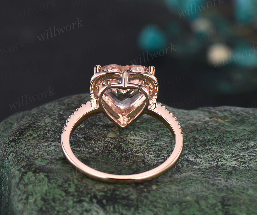 Morganite Engagement Ring-Handmade Solid 14k Rose Gold Ring-Real Diamond pink Heart Shaped Cut Gemstone Promise Ring