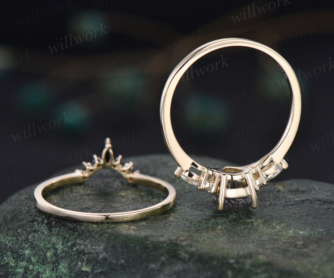 READY TO SHIP: Peardrop Black Rutilated Quartz Engagement Ring Set - Sterling Silver - Ring Size: 6 US