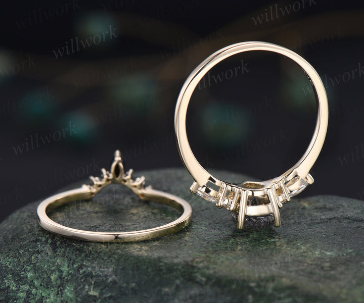 READY TO SHIP: Peardrop Black Rutilated Quartz Engagement Ring Set - Sterling Silver - Ring Size: 6 US