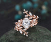 Vintage oval IGI lab grown diamond engagement ring nature inspired leaf branch ring wedding band enhancer twisted bridal ring set