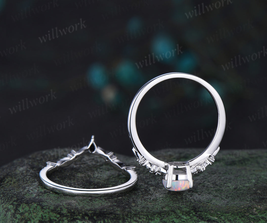 Pear opal engagement ring white gold leaf floral unique cluster blue sandstone diamond bridal wedding ring set women gift