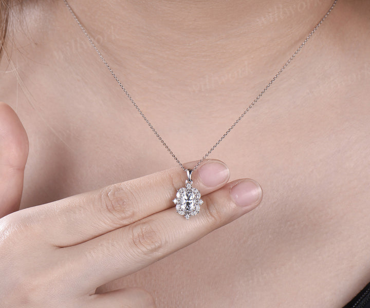 Oval cut moissanite necklace solid 14k white gold halo marquise diamond pendant women 8 prong anniversary gift