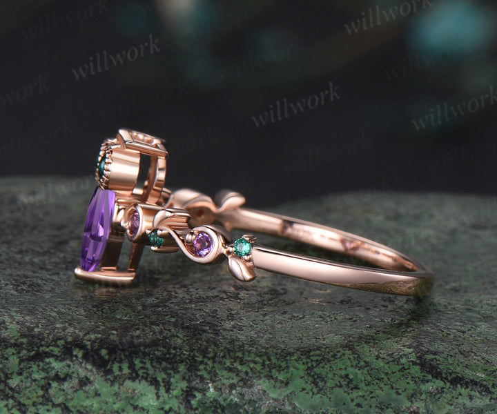 Vintage pear cut amethyst Engagement Ring rose gold Owl emerald ring women Crystal unique wedding anniversary ring gift