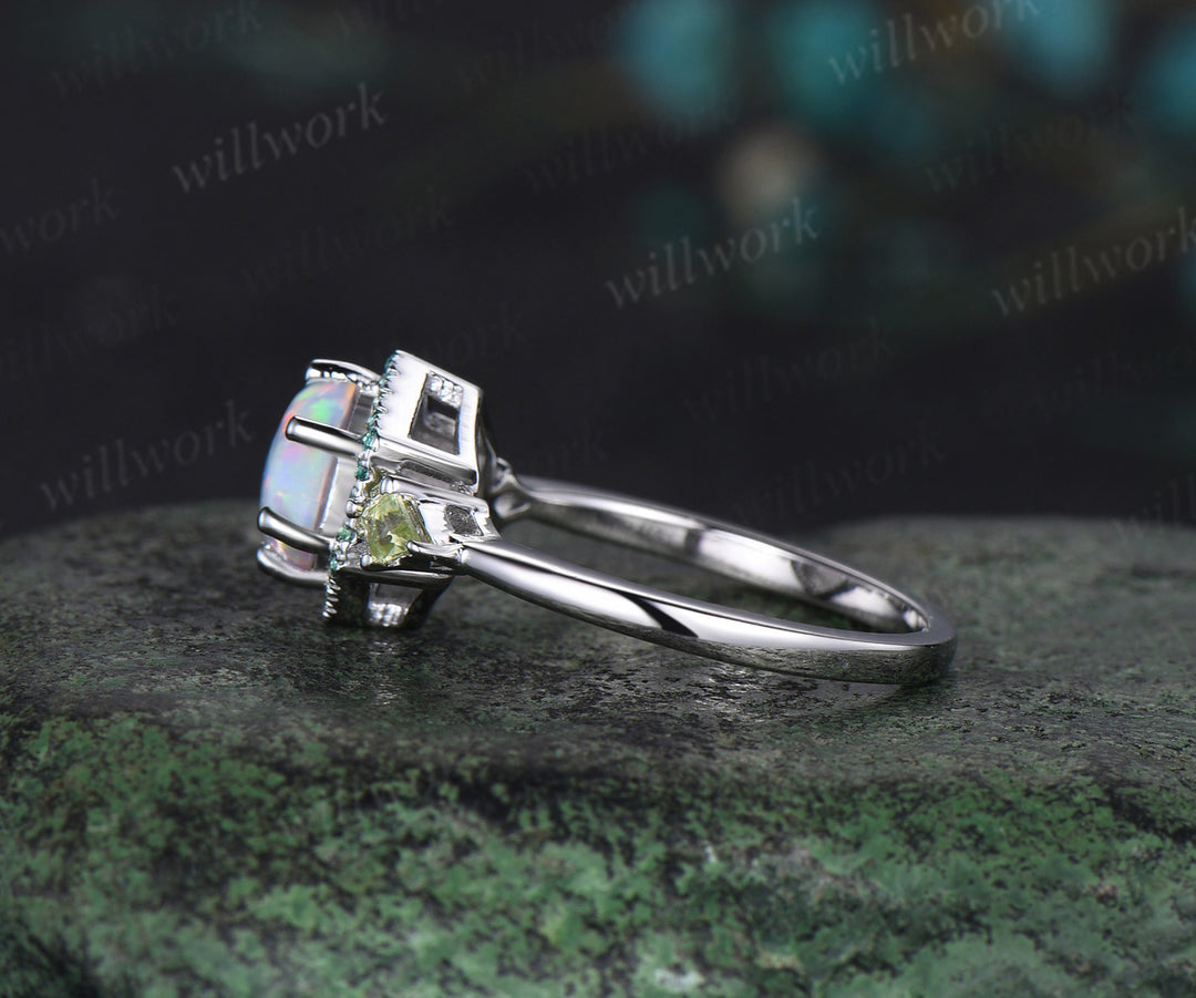 Hexagon Cut white opal Engagement Ring white gold halo emerald ring kite peridot anniversary wedding ring women gift For Her